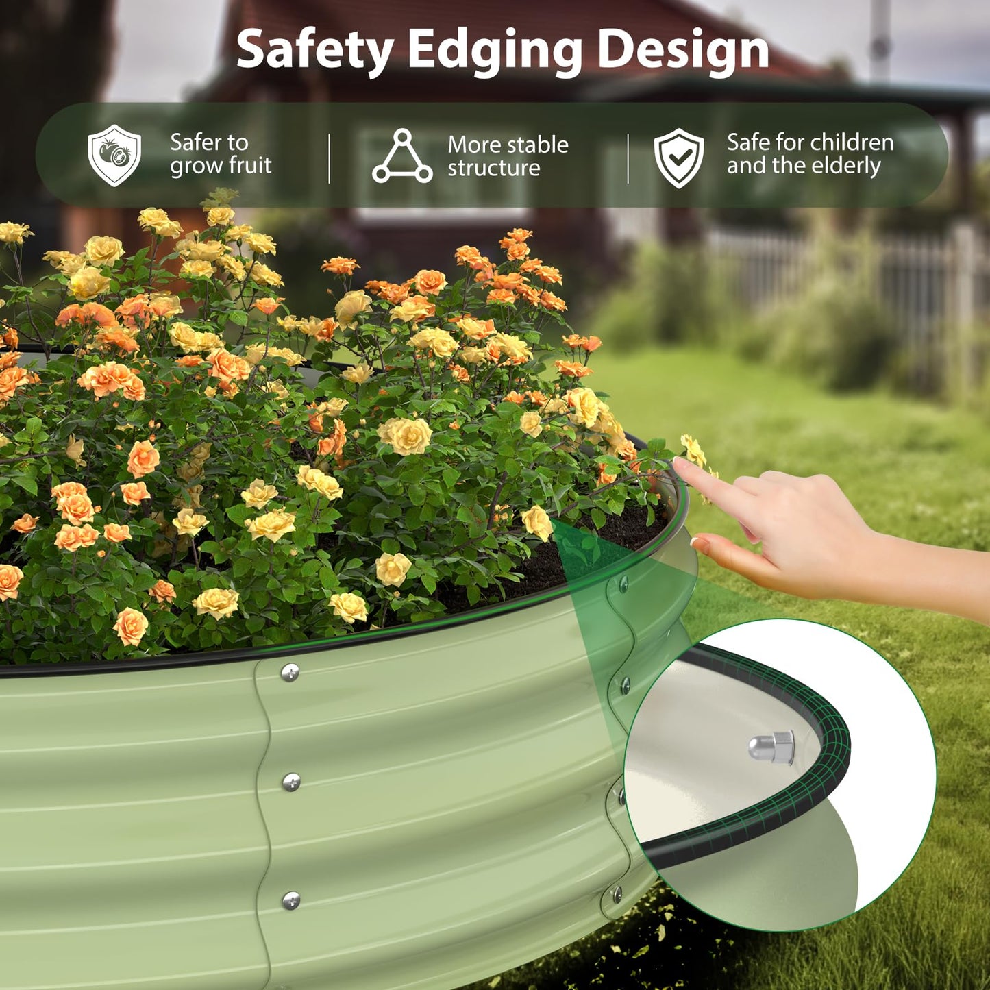 Winpull Raised Garden Bed Kit, 4x4x1 ft Round Galvanized Planter Box Outdoor with Safety Edging, Large Metal Raised Beds for Gardening Vegetables Flower Fruits (Avocado Green)