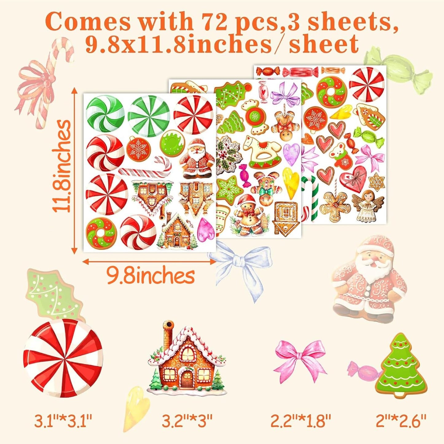 Christmas Ornaments Wall Decals Peel and Stick Christmas Candy Wall Stickers Removable Candy Cane Wall Stickers Peppermint Floor Decals Xmas Candyland Home Decor Holiday Party Decorations