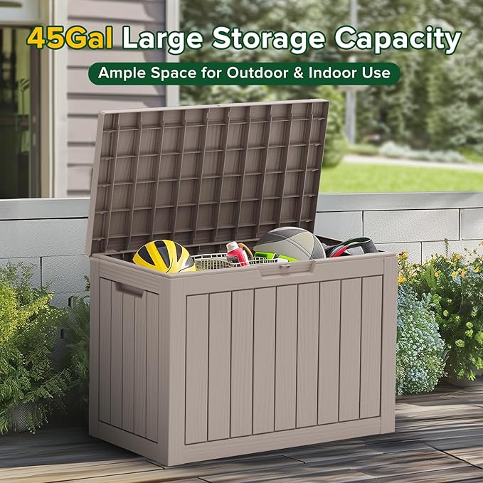 TARKARI 45 Gallon Lockable Resin Deck Box, Waterproof & UV-Resistant Outdoor Storage Box for Outdoor Cushion Storage, Garden Tools & Pool Accessories Storage, Gray