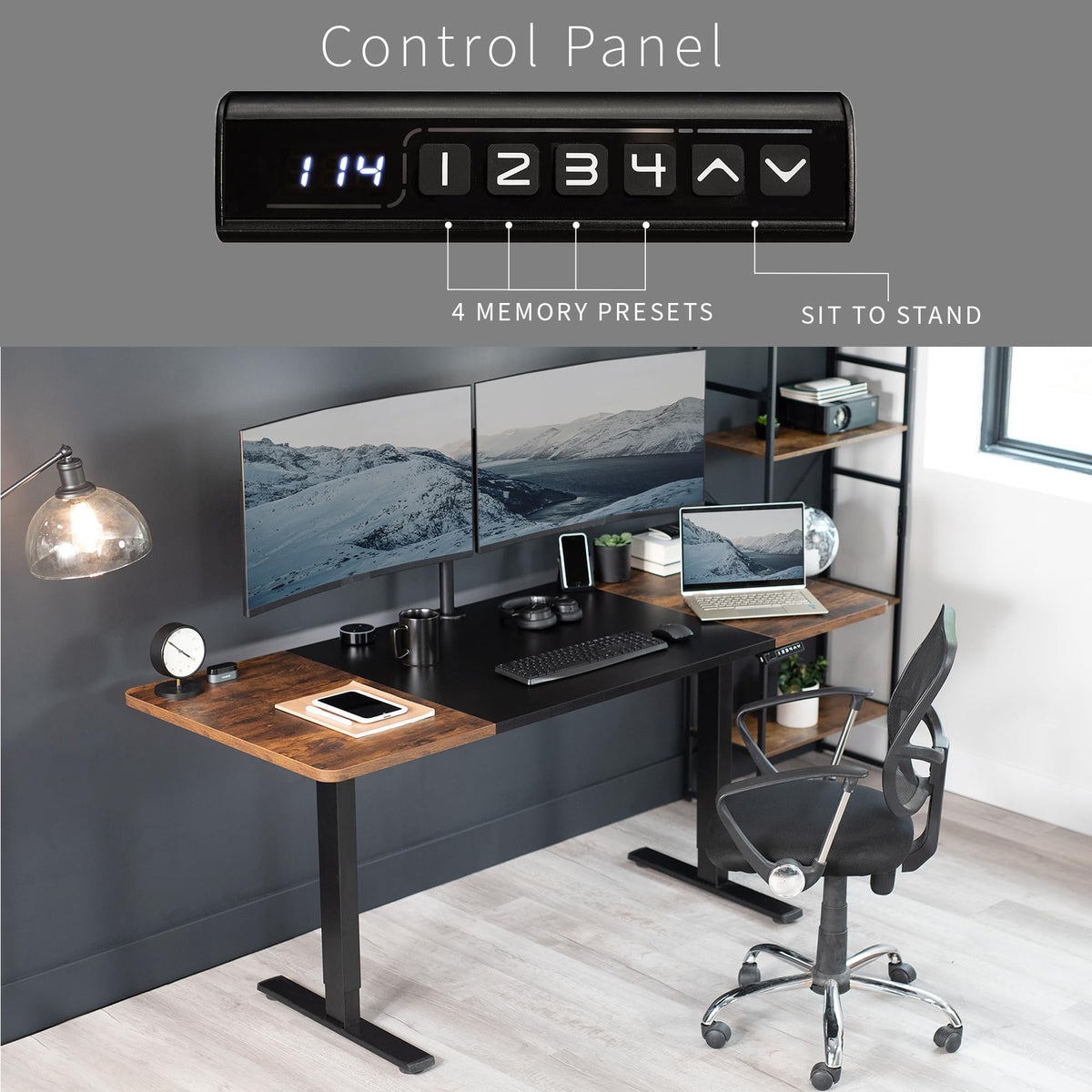 VIVO Electric 71 x 30 in Rustic Standing Desk, Memory Height Adjustment, 1B Series, Holds 220 lbs, Black and Vintage Brown Top, Black Frame, DESK-KIT-1B7BN