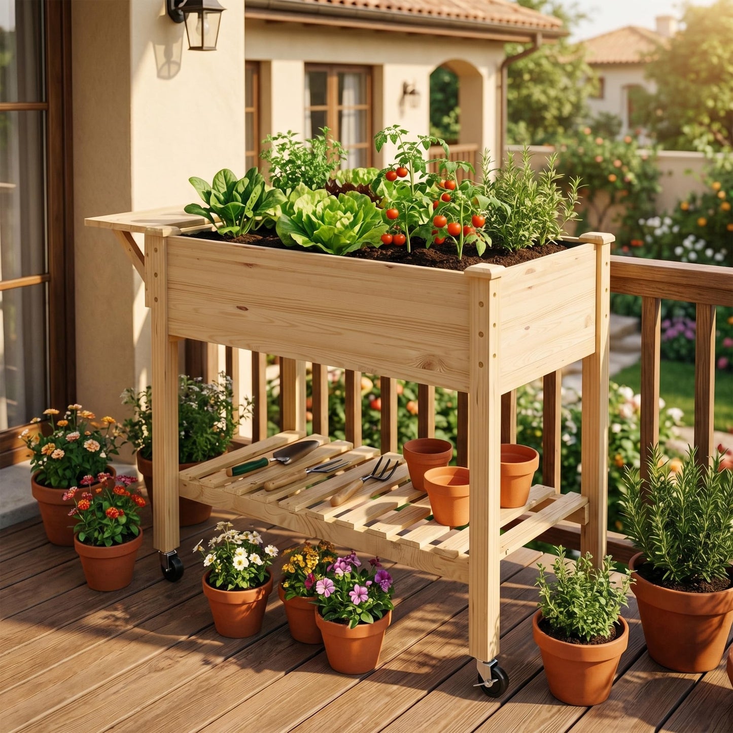 Cakhdry Raised Garden Bed with Legs and Wheels, Self-Watering System, 34x18x30in Elevated Planter Box with Storage Shelf & Liner for Flowers Vegetables Herbs, Raised Bed for Outdoor/Balcony/Patio