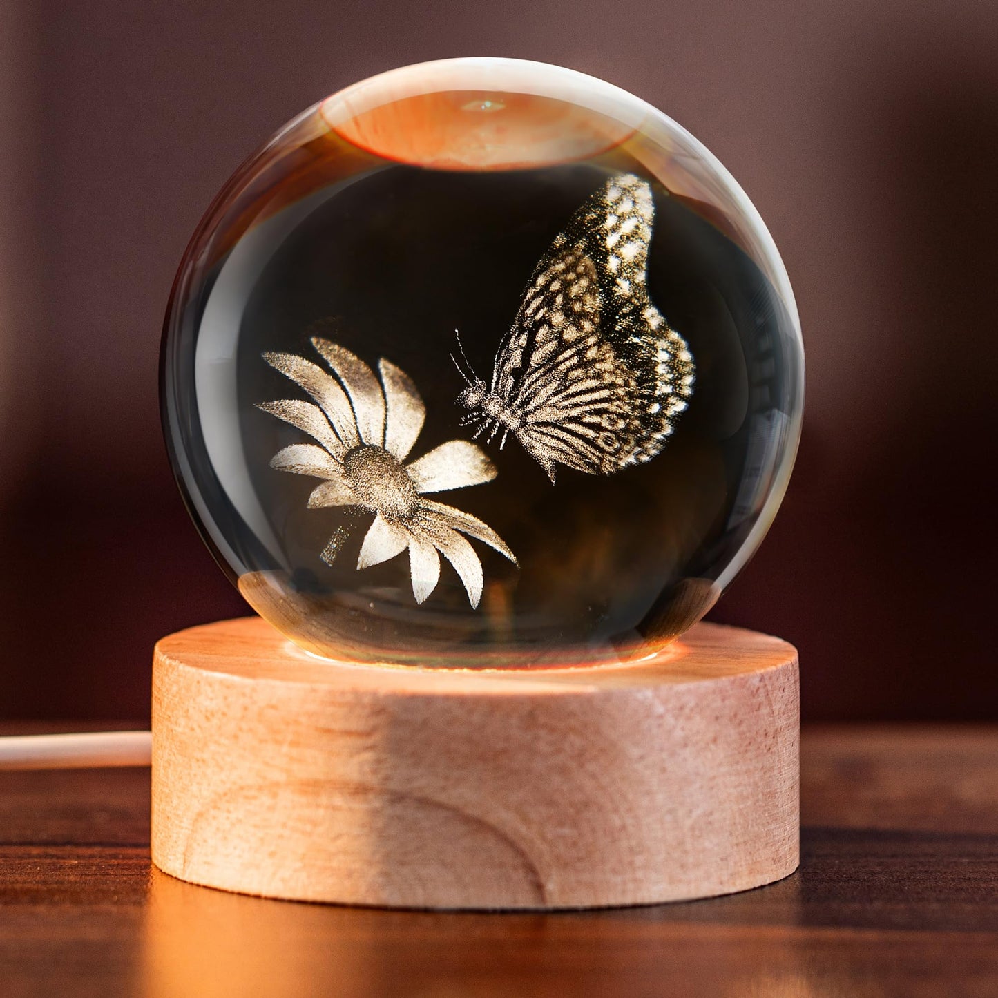 IFOLAINA Butterfly Crystal Ball Gifts Ideas for Girlfriend Wife Mom Couple Her Bithday Mothers Day 3D Butterfly on Sunflower Night Light Decorative Globes Room Decor