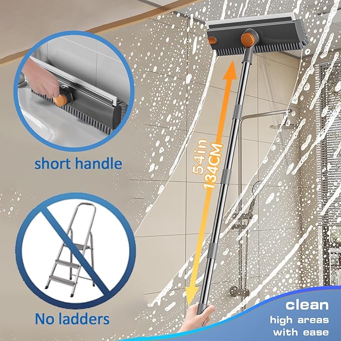 Floor Scrubbing Brush with Squeegee, 2 in 1 Grout Brush with 54" Adjustable