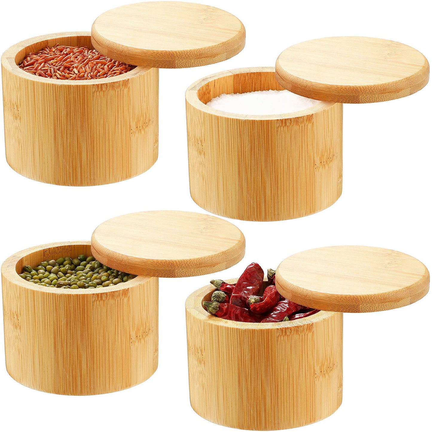 Patelai 4 Pieces Bamboo Salt Storage with Magnetic Swivel Lid Salt and Spice Storage Compartment Bamboo Pepper Box for Kitchen