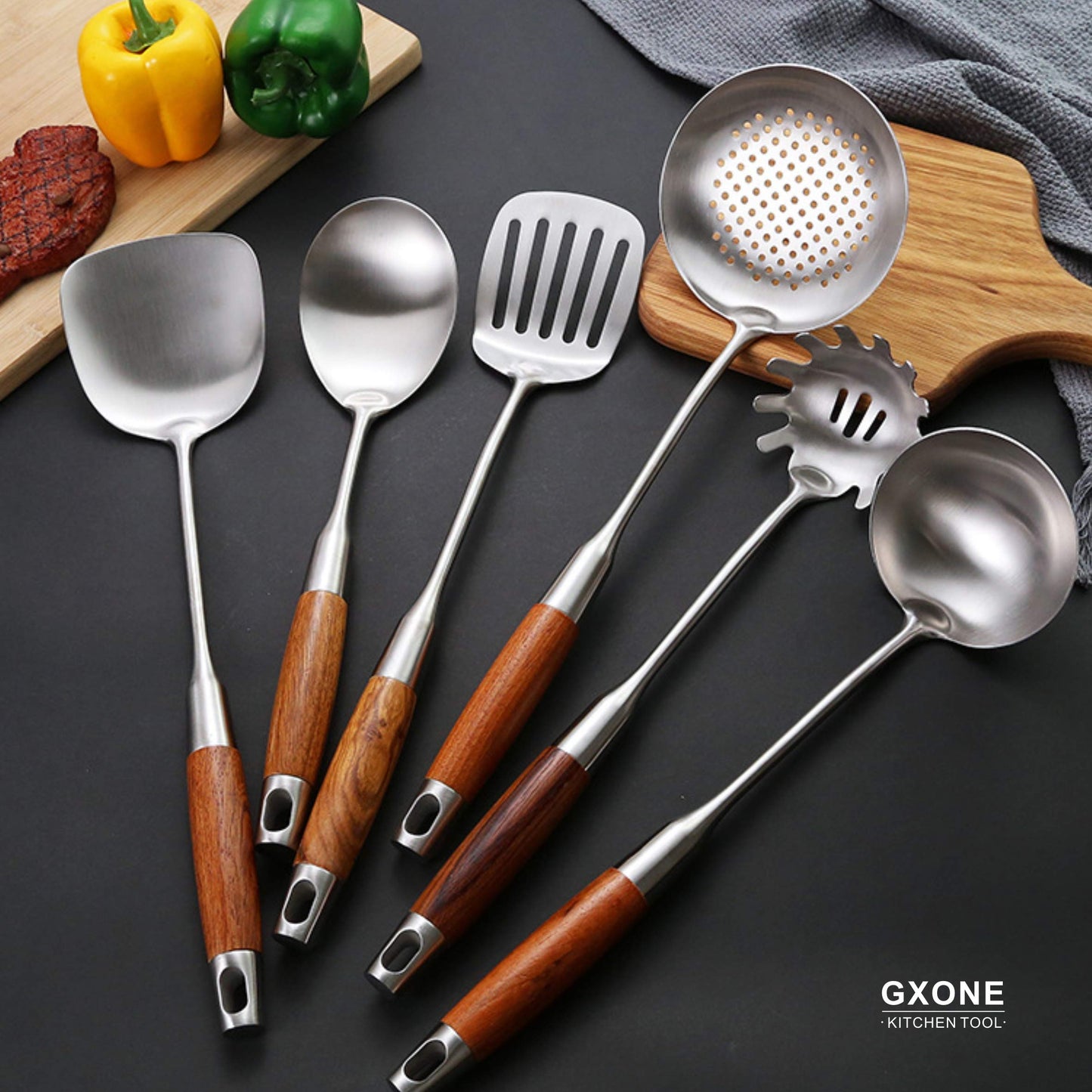 GXONE Large Serving Spoons,304 Stainless Steel Cooking Spoon with Heat Resistant Wooden Handle,Silver/12.4Inch
