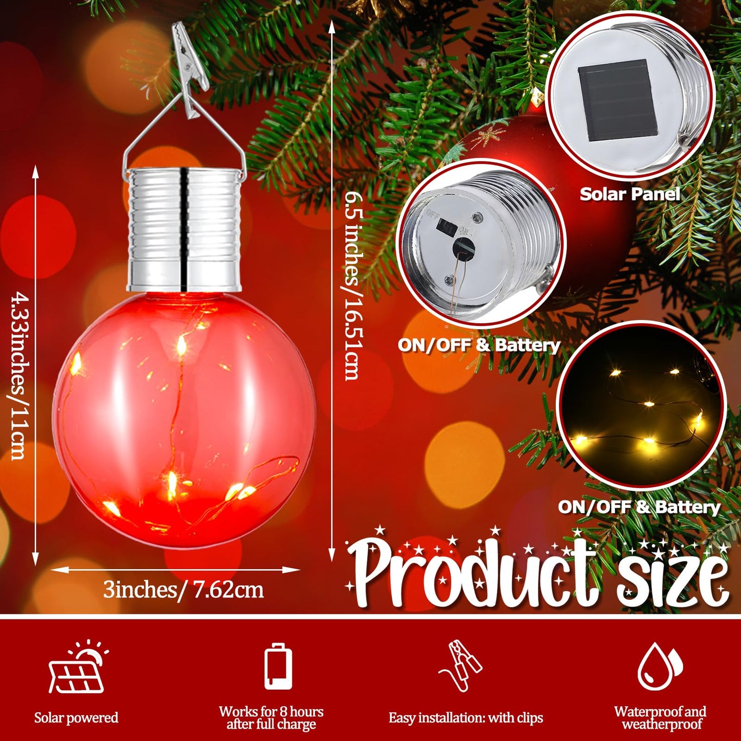 Aurelema 10 Pcs Christmas C9 Solar Light Bulbs Jumbo Hanging LED Light Bulb with Clip Waterproof Outdoor Garden Hanging Solar Lights for Christmas Tree Yard Fence Patio Party