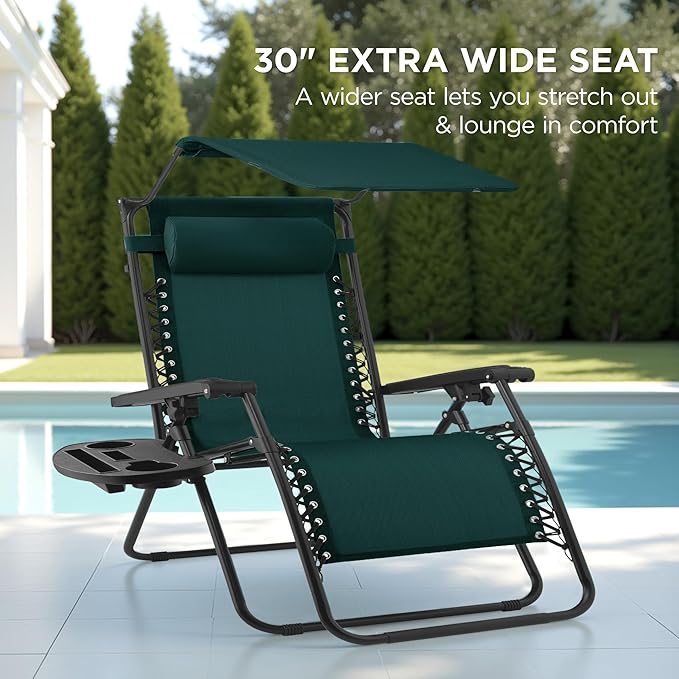 Best Choice Products 30” Wide Folding Zero Gravity Outdoor Recliner Patio Lounge Chair w/Adjustable Canopy Shade, Headrest, Side Accessory Tray - Forest Green