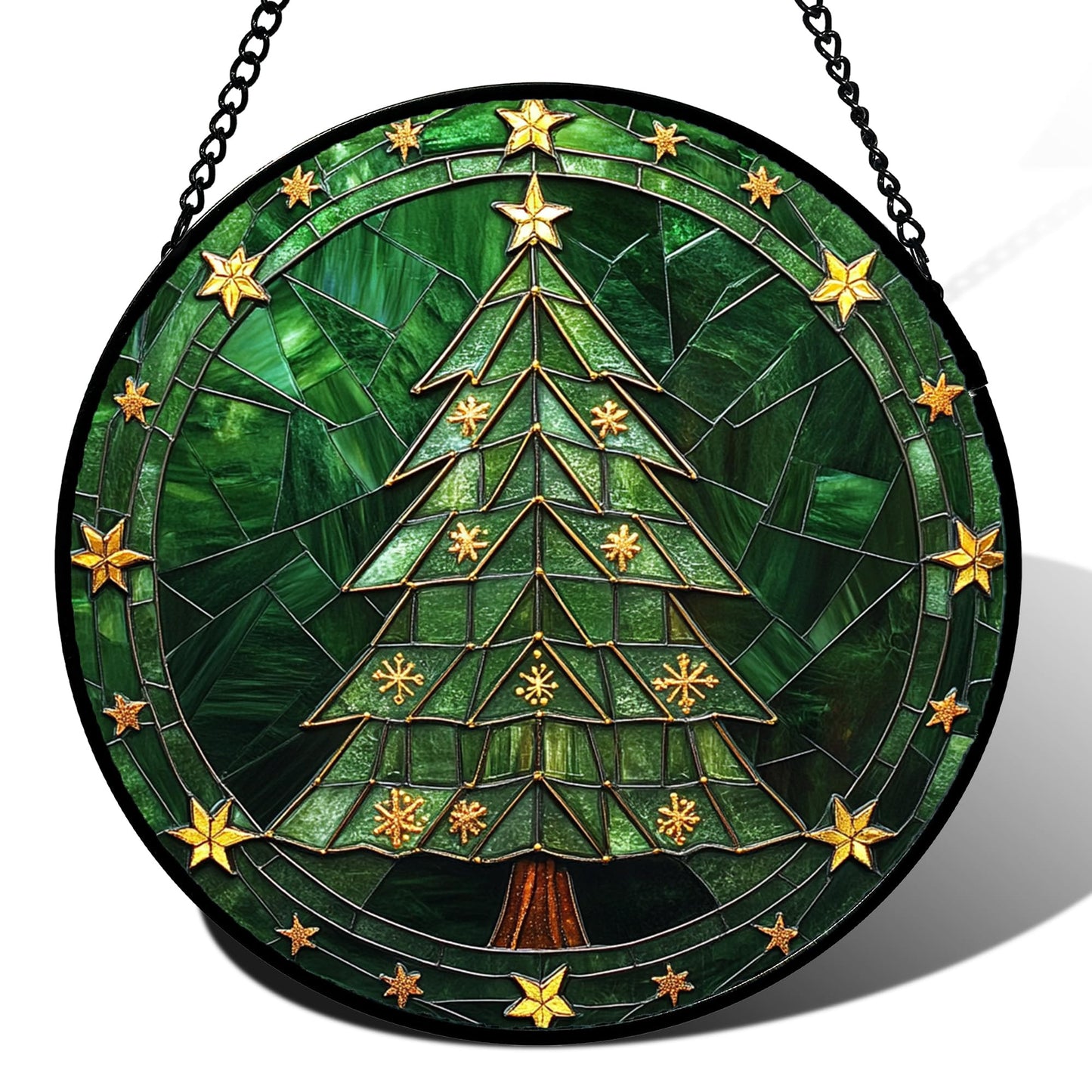 Stained Glass Window Hanging - Green Christmas Tree with Golden Stars Suncatcher for Doors Home Christmas Decoration Sun Catcher Thanksgiving New Year Birthday Gifts for Women Men Mom Nana 9.8 in