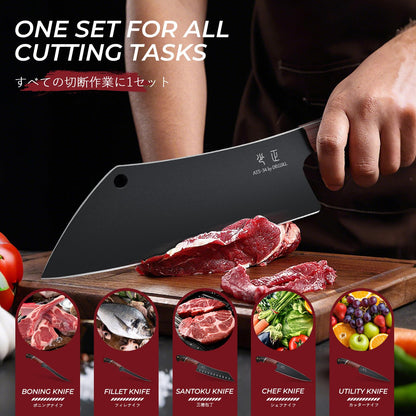 DRGSKL Kitchen Knife Set with Bag - 6 PCS Chef Knife Set - Cleaver, Boning, Fillet, Santoku, Kitchent Utility Knife, Chef Knife with Full Tang Wooden Handle, Butcher Knife Set for Men, Ideal Gift