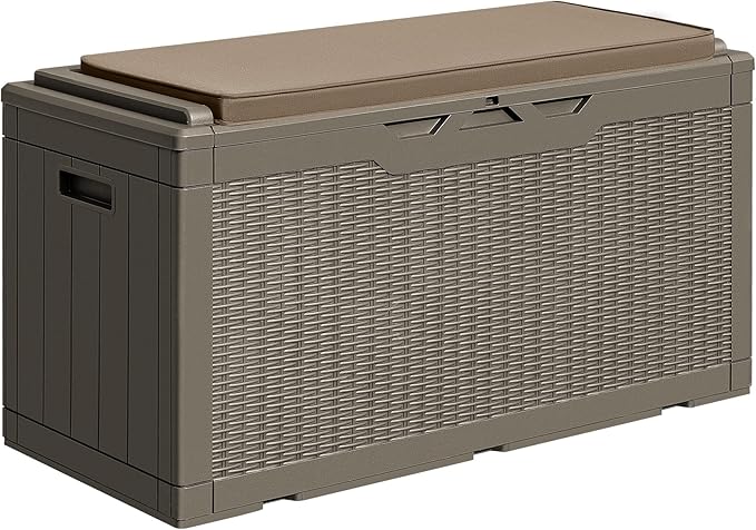 Greesum 100 Gallon Resin Deck Box Large Outdoor Storage with Cushions for Patio Furniture, Garden Tools, Pool Supplies, Weatherproof and UV Resistant, Lockable, Coffee