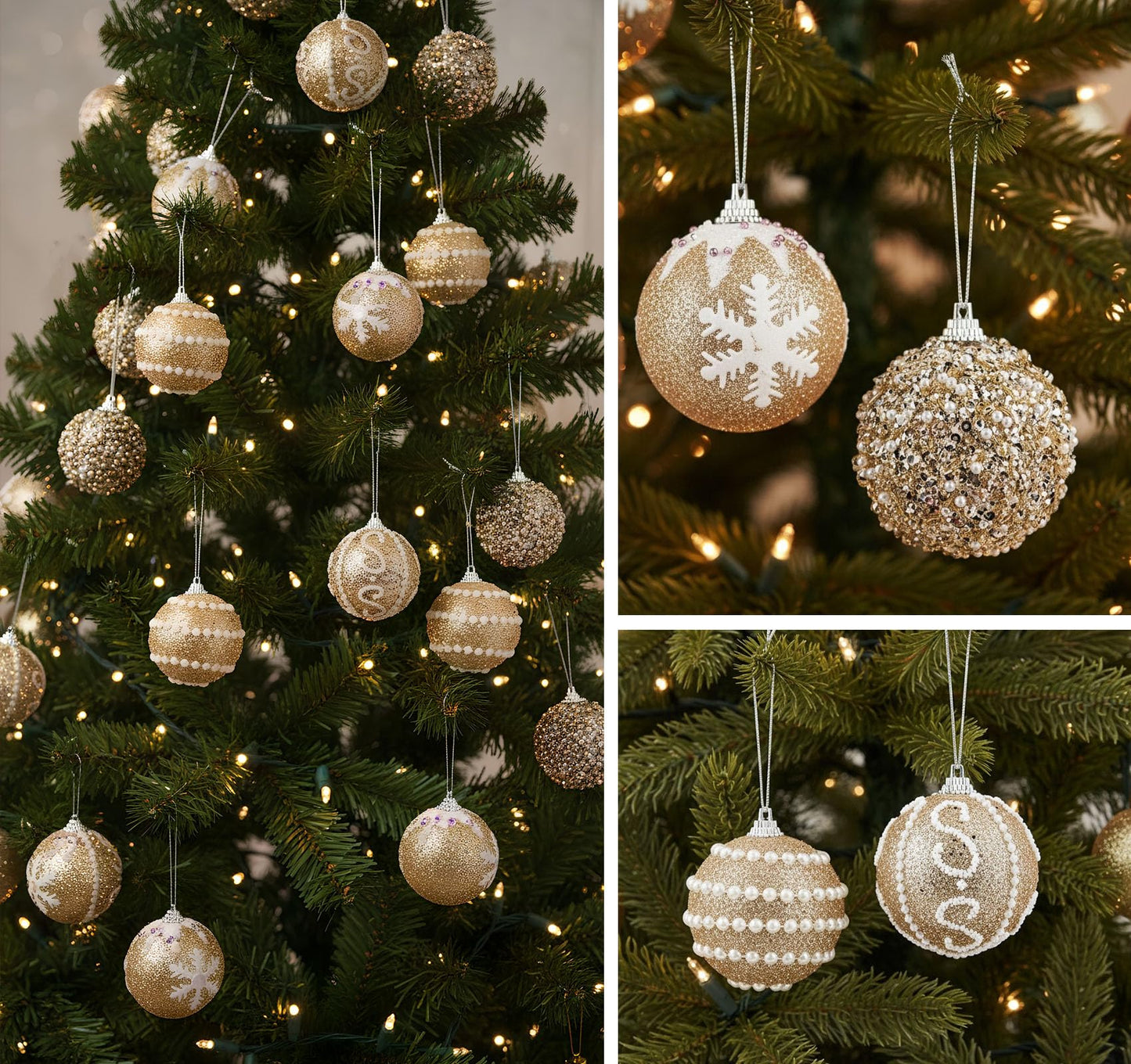 16 Pcs Champagne Christmas Ornaments, Shatterproof Christmas Tree Balls with Pearl Sequin, Hanging Xmas Balls Ornaments Set for Holiday Party Wedding Decorations (2.4"/60mm)