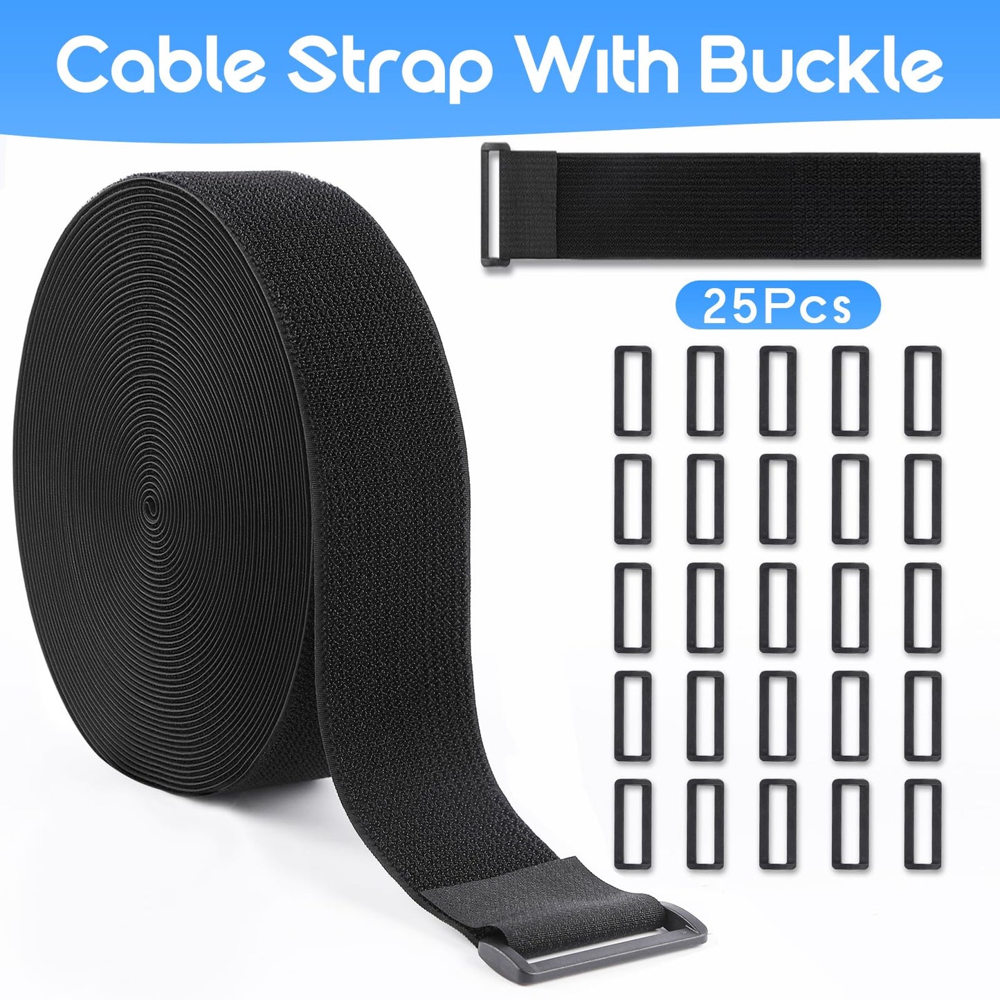 GDSZ LAERSI 1.5In x 20Ft Cinch Straps Nylon Heavy Duty with 25 Buckles, Cut to Length, Black Hook and Loop Straps, Reusable Long Cable Ties for Storage and Cord Organizer