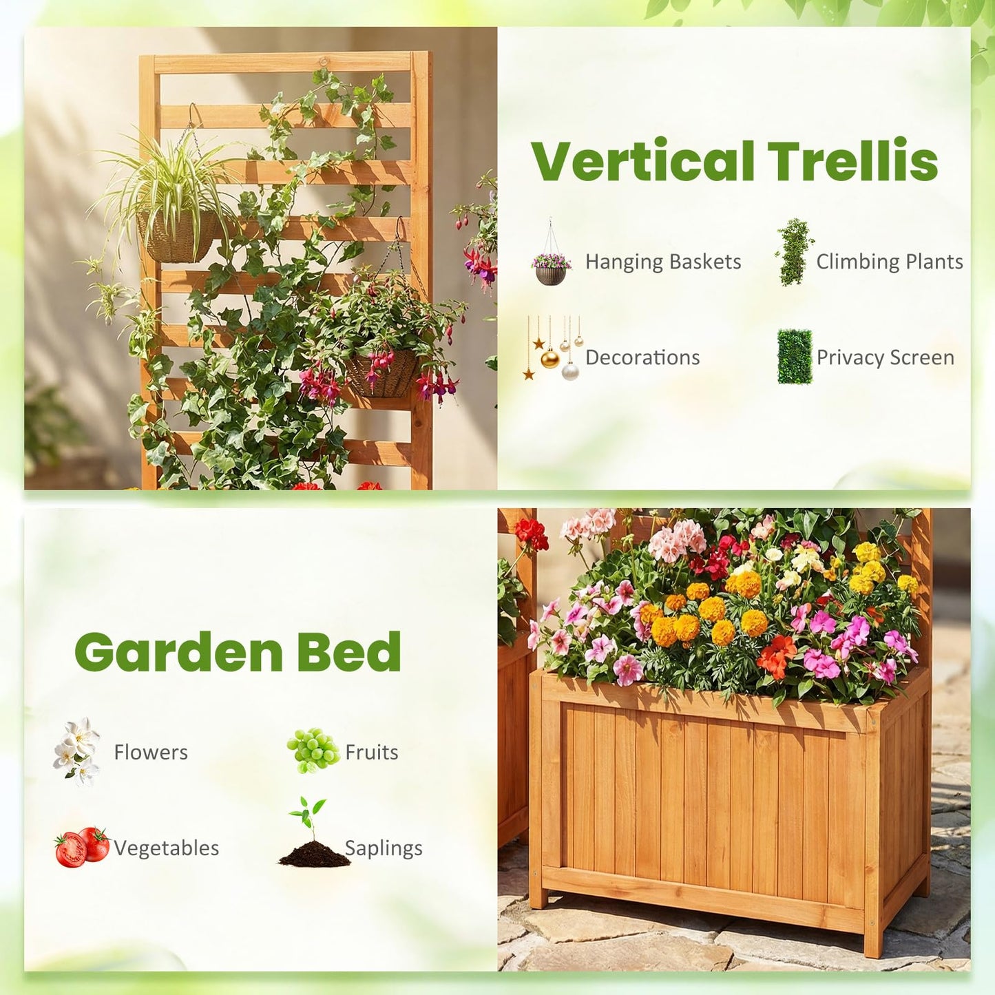 Giantex Wood Raised Garden Bed with Trellis, Outdoor Planter Box for Vines Flowers Vegetables, Herbs, Freestanding Plant Container Privacy Planters for Porch, Patio, Backyard