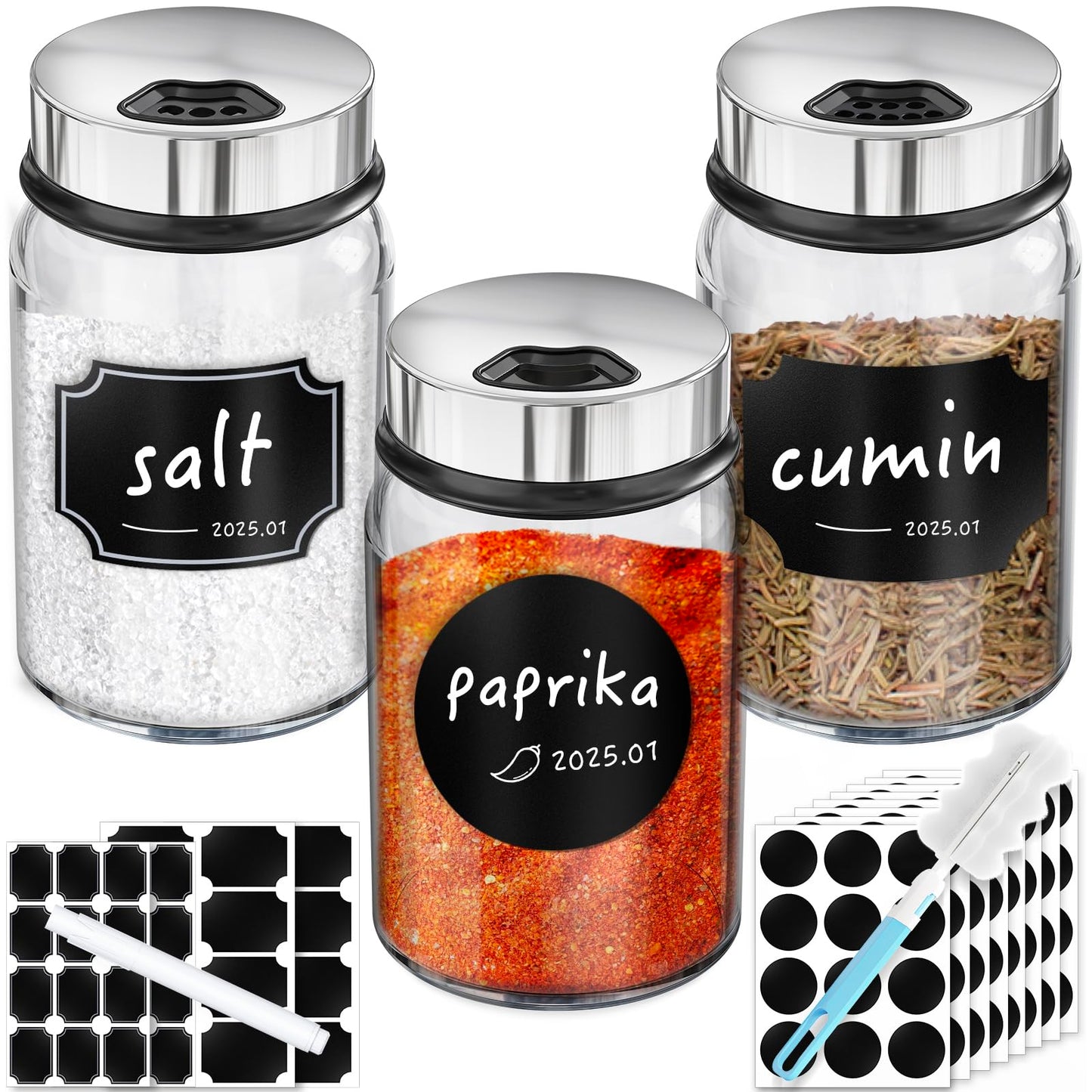 Segarty Spice Jars with Label, 3 Pack 5 oz Empty Glass Spice Jar with Shaker Lids, Salt and Pepper Shakers Set with 136 Stickers, 1 Chalk Marker, 1 Brush, Seasoning Bottles with Ajustable Holes