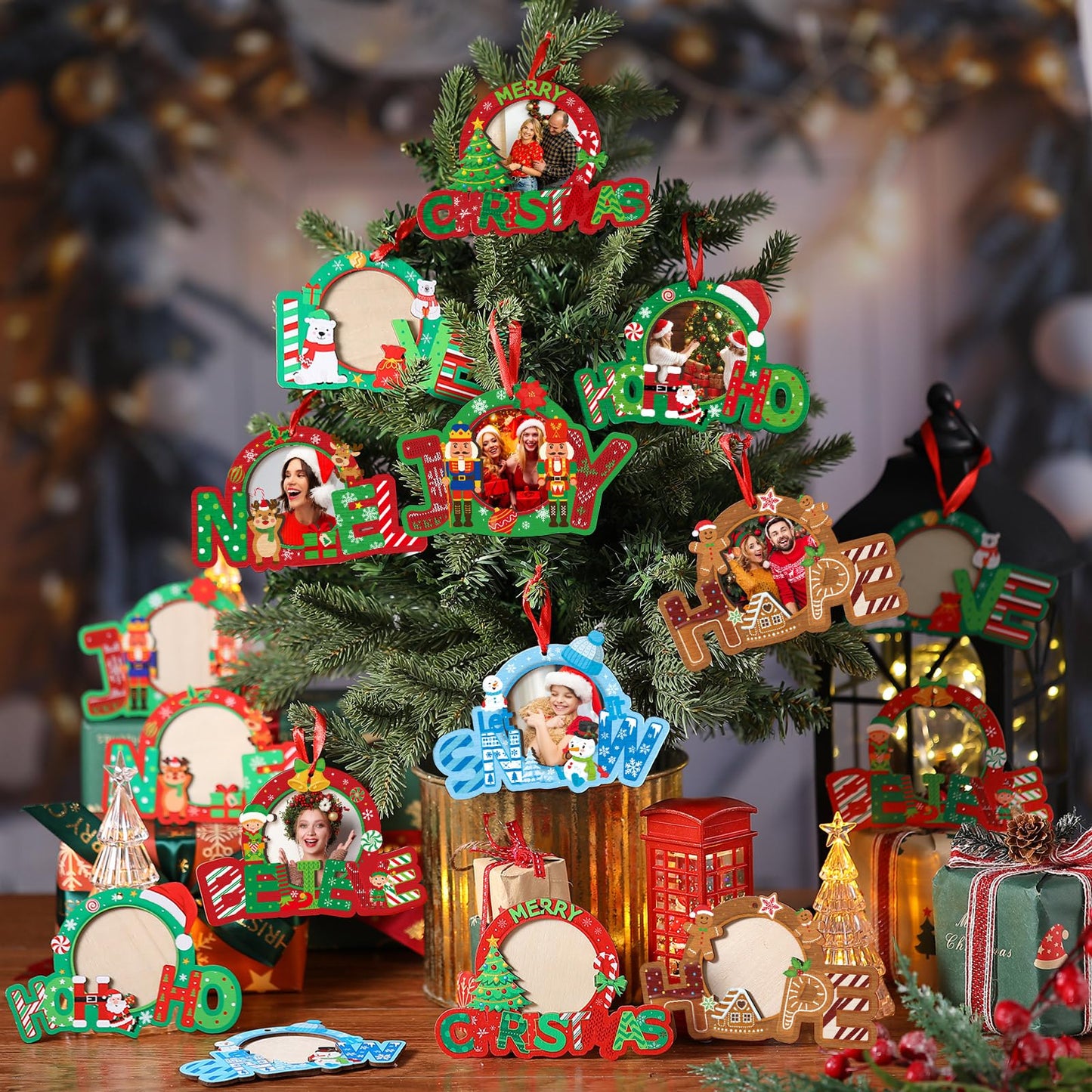 Yalikop 16 Pcs Christmas Photo Frame Ornaments Wooden Nutcrackers Santa Snowman Snowflake Picture Frame Tree Decoration DIY Photo Keepsakes for Xmas Party Decorations Winter (Wishes)
