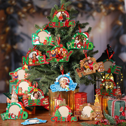 Yalikop 16 Pcs Christmas Photo Frame Ornaments Wooden Nutcrackers Santa Snowman Snowflake Picture Frame Tree Decoration DIY Photo Keepsakes for Xmas Party Decorations Winter (Wishes)
