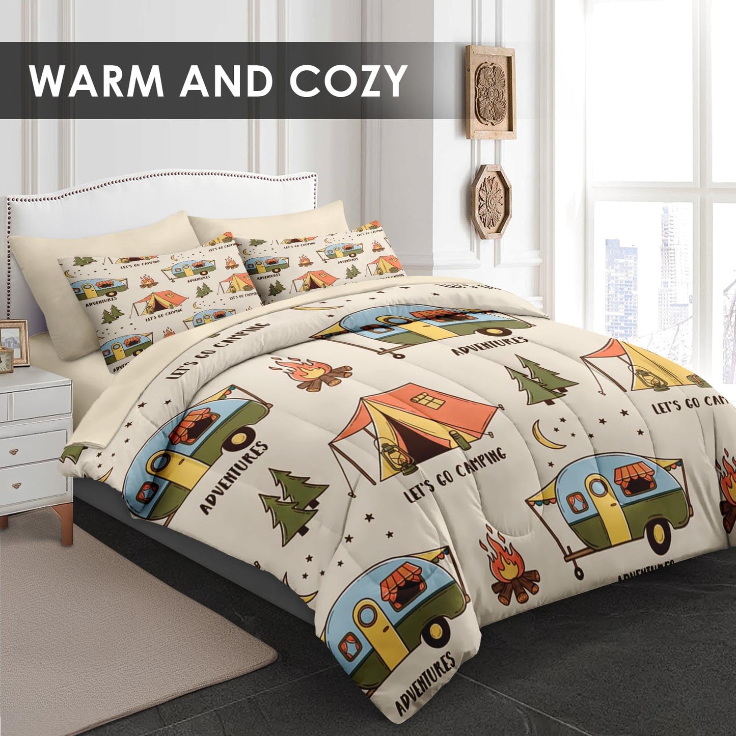 Pamnest Comforter Set Full Size, Summer Camp RV 7 Pcs Bedding for Kids and Adults, Camping Adventure Bed Sheet Sets with Fitted Sheet 2 Pillowcases & 2 Shams for Bedroom Bed Decor