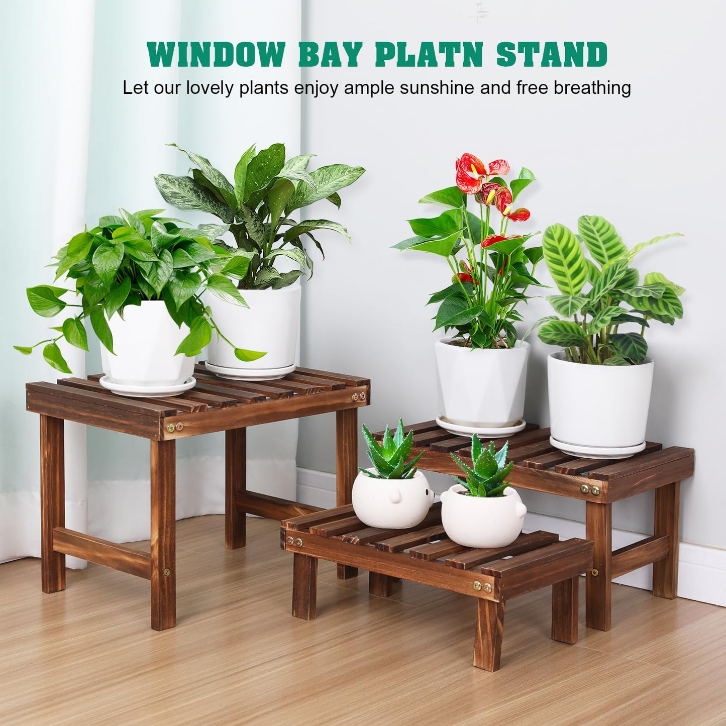 COOGOU 3 Tiered Small Plant Stands Shelf Indoor Outdoor,Wood Flower Pot Stand Holders Rack,Freestanding Corner Ladder Shelves for Plants Succulent Cactus,on Patio,Desktop,Window