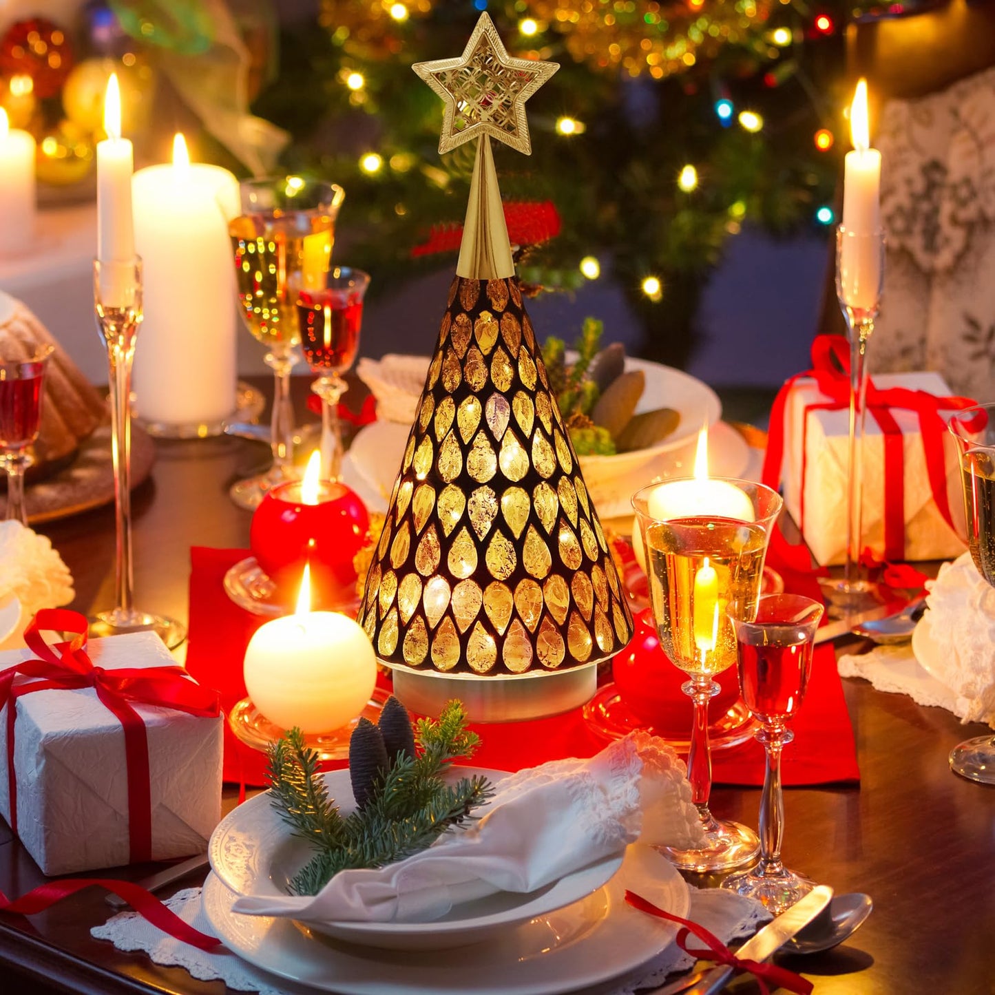 Gold Mosaic Glass Christmas Tree with Star, 2 PCS Small Tabletop Christmas Trees with Light, Battery Operated Xmas Tree for Mantel Decor 11"