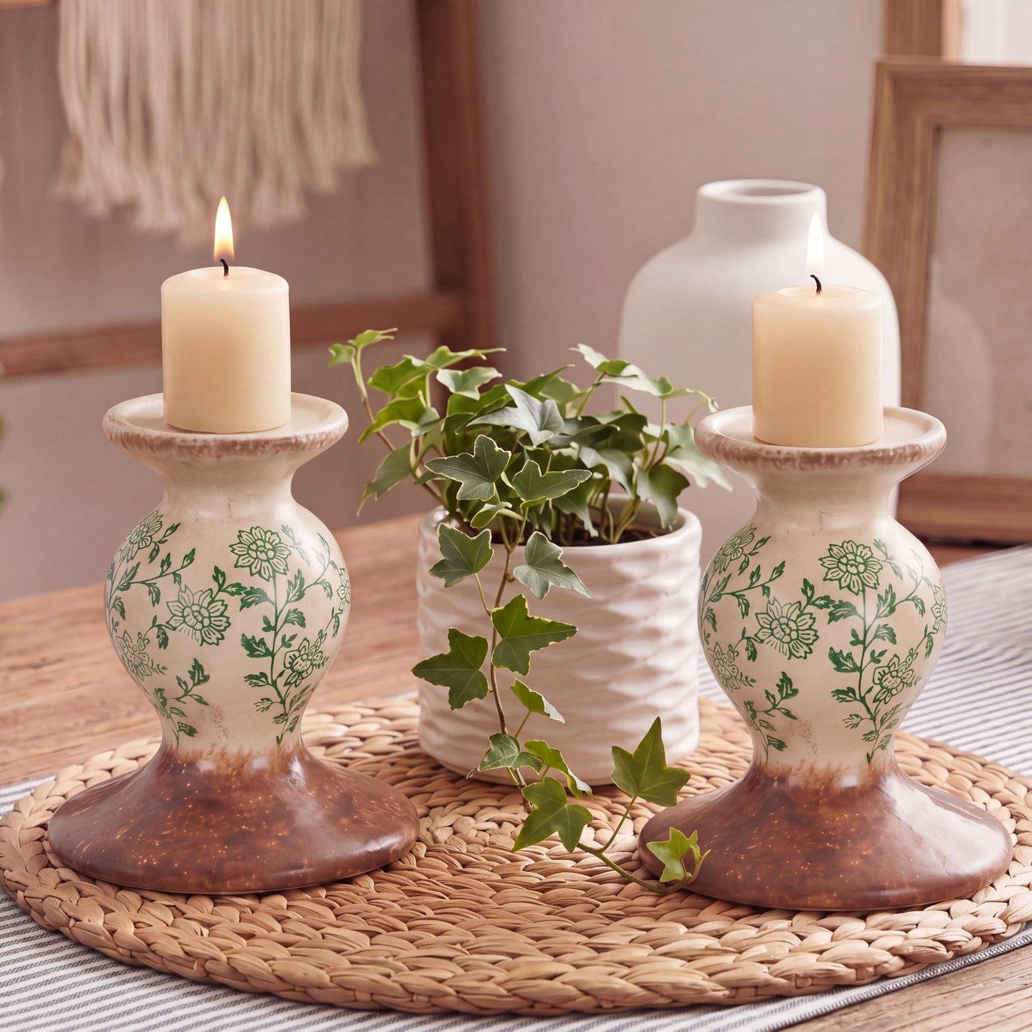 Patelai 2 Pcs Terracotta Pillar Candle Holders Floral Sculptural Taper Candlestick Rustic Farmhouse Decorative Candleholders Pedestal Stand for Table Centerpiece Wedding Home Tabletop Decor