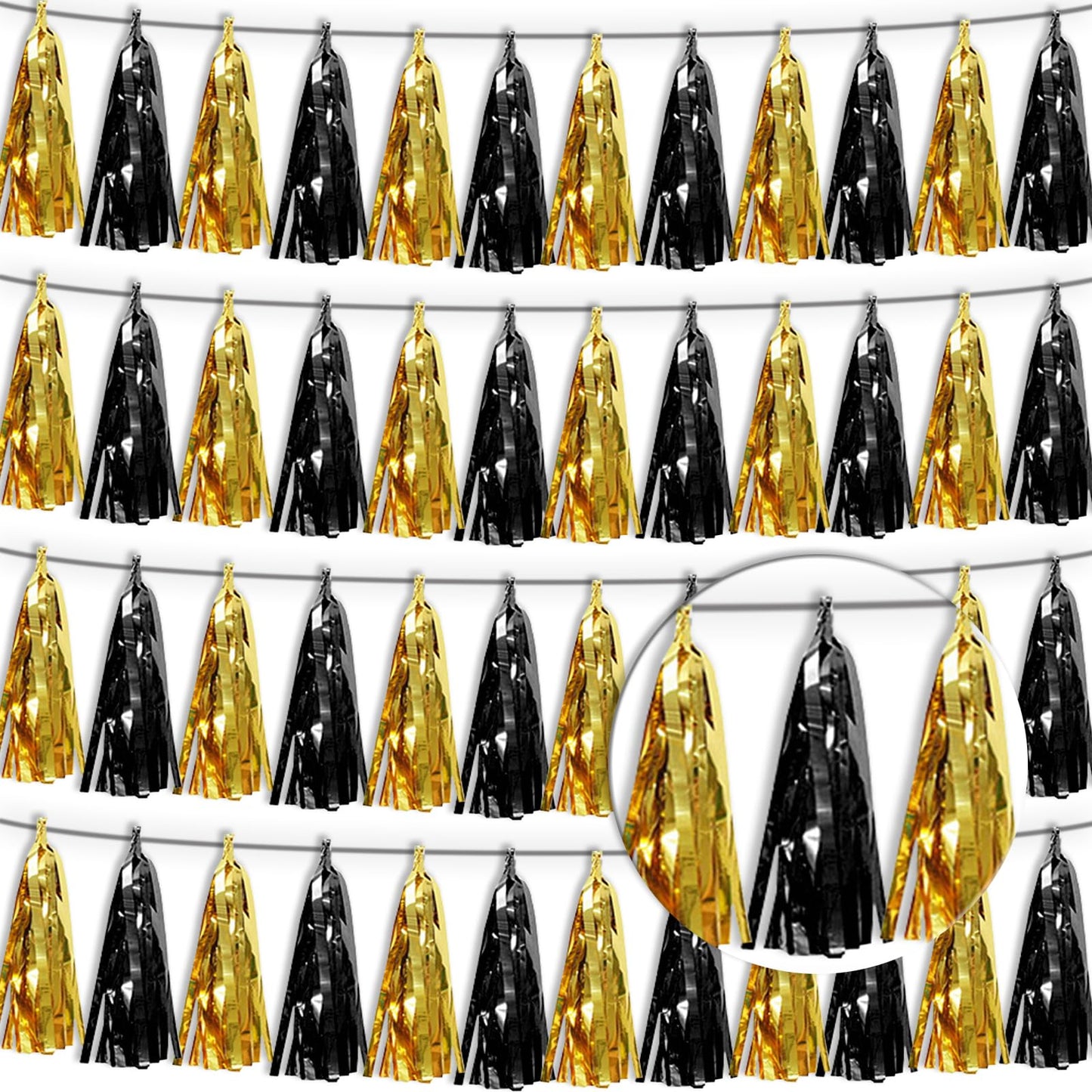 4P Black Gold Tassel Banner Garland Metallic Foil Fringe Banner Tinsel Tassels Streamer Banner Backdrop for Parade Floats, 2025 Graduation Decorations, Father's Day,New Years Party Decoration