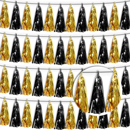 4P Black Gold Tassel Banner Garland Metallic Foil Fringe Banner Tinsel Tassels Streamer Banner Backdrop for Parade Floats, 2025 Graduation Decorations, Father's Day,New Years Party Decoration
