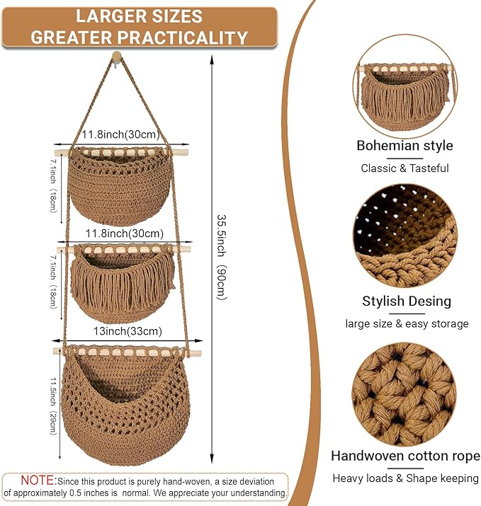 3 Tier Hanging Fruit Baskets for Kitchen, Boho Cotton Rope Handwoven Vegetable