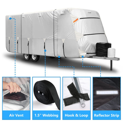 FRUNO Oxford Fabric Travel Trailer Cover RV Cover 22'-24' Waterproof Rip-Resistant Anti-UV Camper Cover for Winter Snow with Jack Cover 4 Tire Covers and Gutter Covers