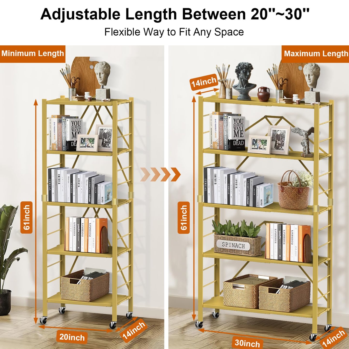 5 Tier Foldable Storage Shelves, Expandable Folding Shelving Units with Wheels, Changeable into 2 Shelf Units, Collapsible Adjustable Storage Rack Metal Shelves for Storage, Pantry, Garage, Gold