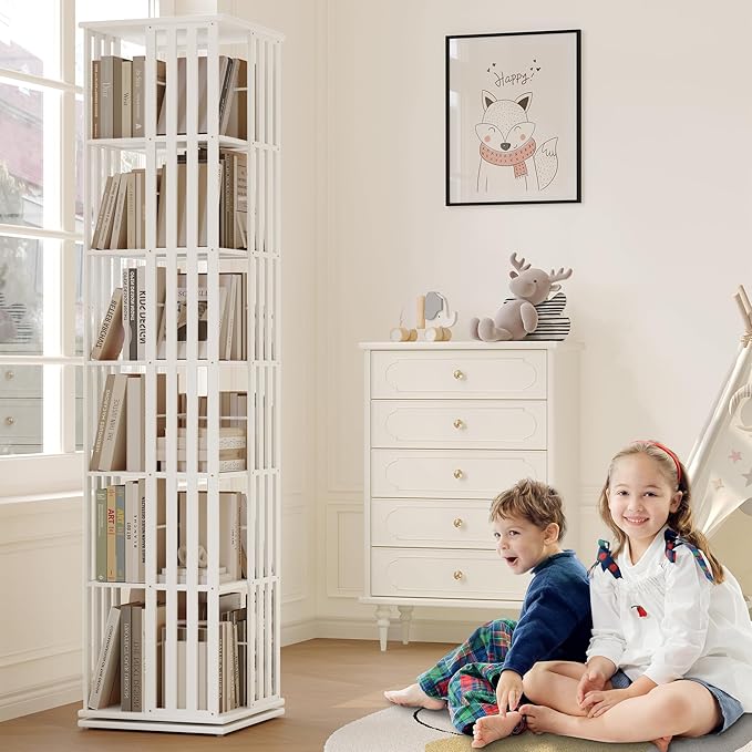 YOWOS Rotating Bookshelf Tower, 360° Display Spinning Bookcase, Bamboo