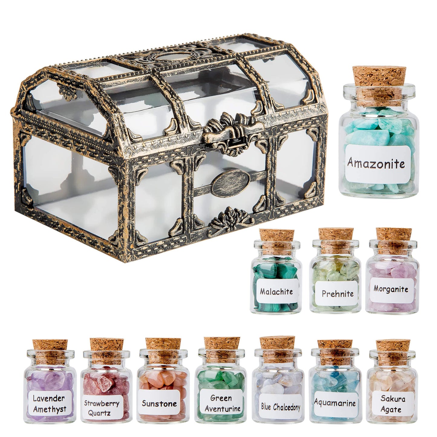 Crystal Chips Gemstone Bottles Set of Different Mini Crystals for Spell Jars, Healing Crystals for Witchcraft in Vintage Box, Chakra Crystals and Healing Stones Set Witch Gifts Witchcraft Supplies