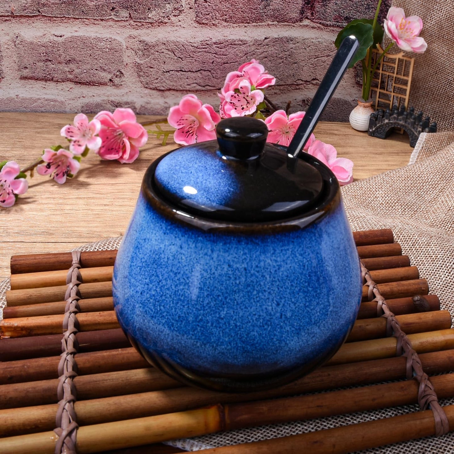 BOSILI Blue Ceramic Sugar Bowls with Lid Seasoning Container with Stainless Steel Spoon for Spice Salt