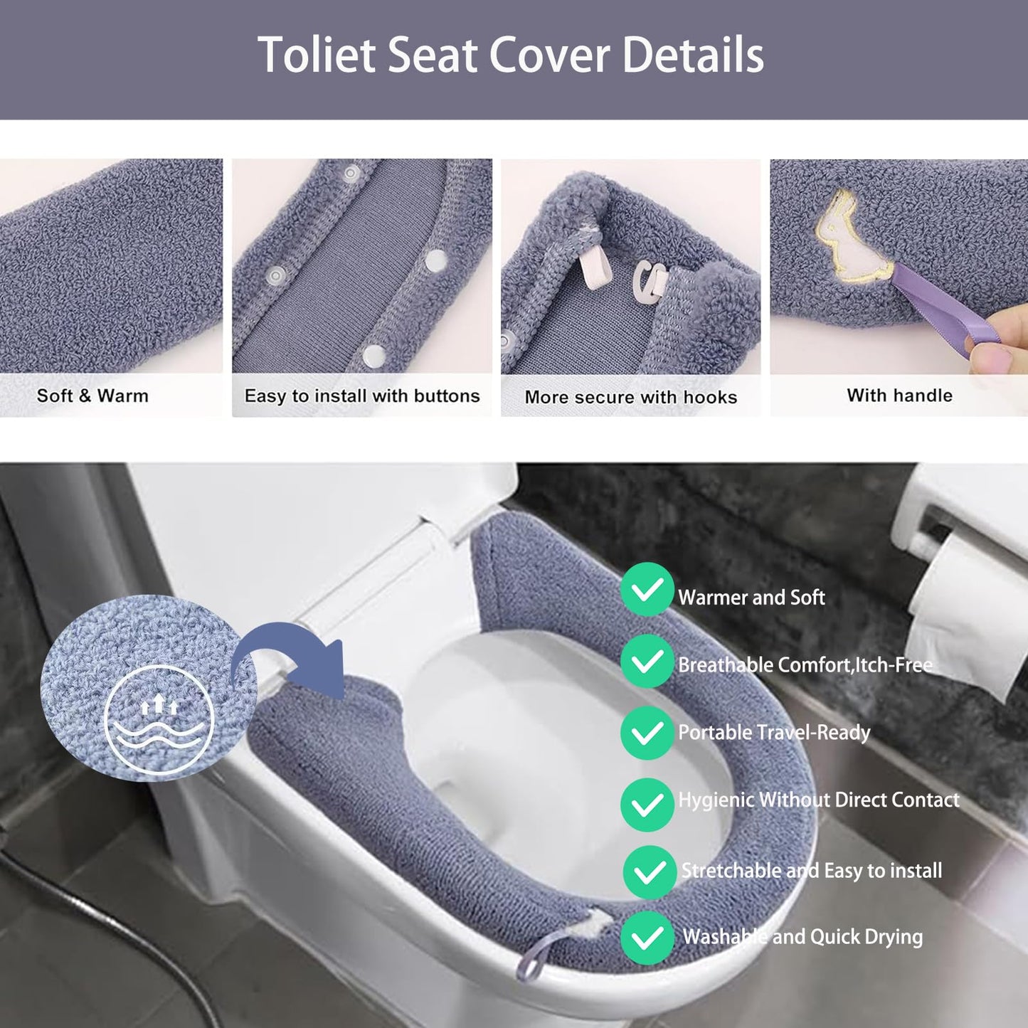 Toilet Seat Cover-3 Pieces Toilet Seat Warmer Covers with Snap-Button Fastening,Stretchable Fits for All Shape Toilet Seats,Easy Installation Washable and Reusable