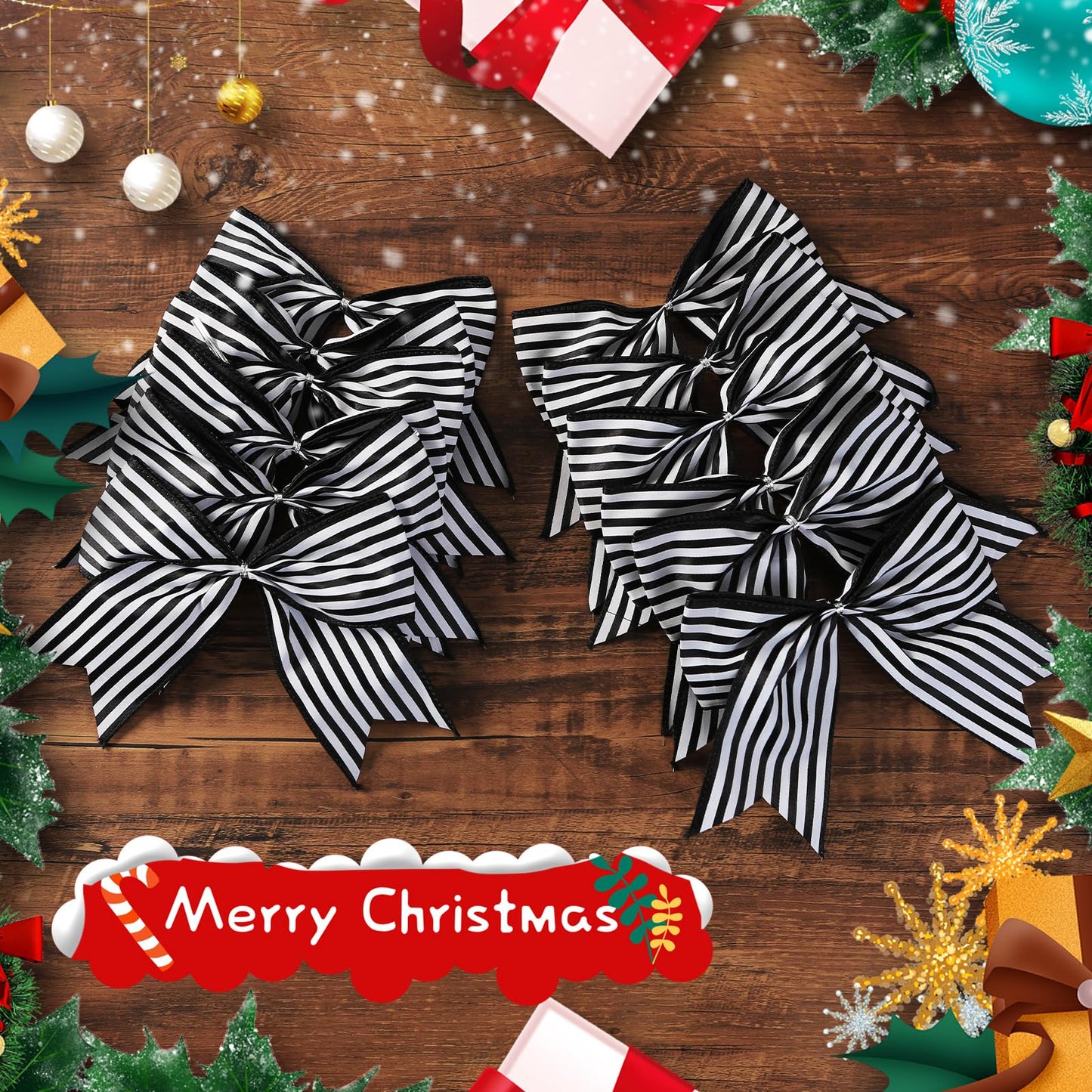 Fancheer 12 Pcs Christmas Bows Decorations Large Christmas Tree Bows Xmas Wreath Ribbons Ornaments Halloween Party Gift Decor Black White Striped for Nightmare Jack
