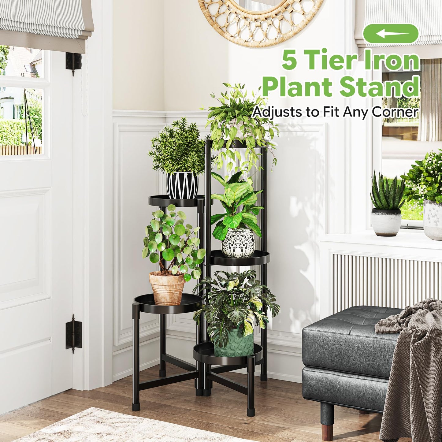 Simple Trending Plant Stand Indoor Outdoor, 5-Tiers Metal Corner Shelf, Tall Display Rack with 5 Rotating Trays, Heavy Duty Flower Holders for Patio Garden Balcony Living Room Bedroom, Black