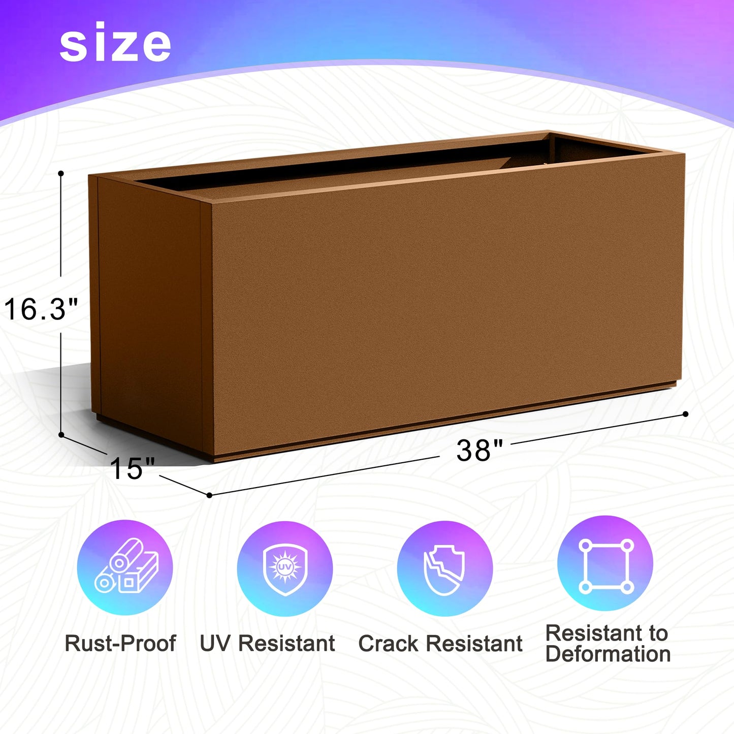 Tall Metal Planter, 15" W×16.3" H Large Rectangular Planter Box for Outdoor or Indoor, All-Weather Durable Plant Box with Drainage Holes & Removable Shelf for Patio, Porch, Garden, Trees, Flowers