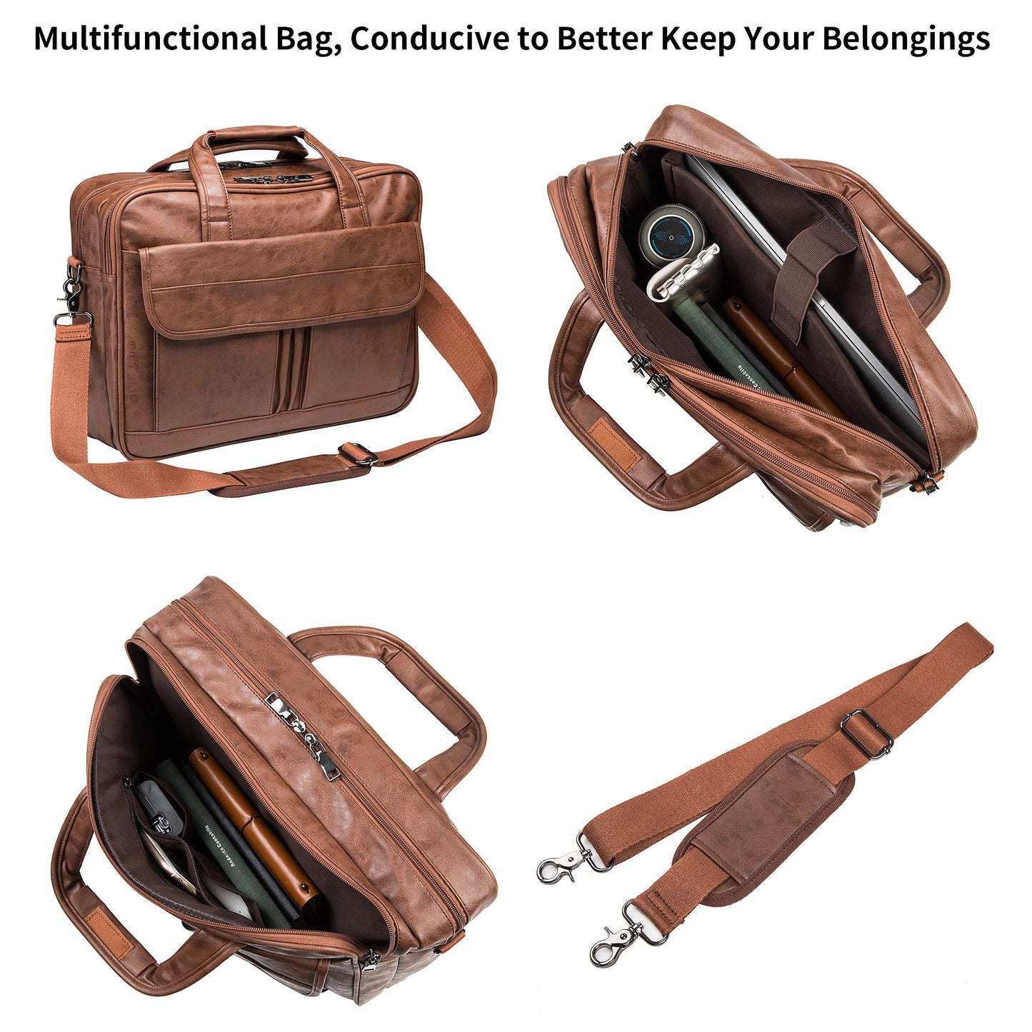 seyfocnia Mens Laptop Bag,15.6 Inch Leather Messenger Bag Water Resistant Business Travel Briefcase, Work Computer Bag Satchel Bag Husband Gifts（Brown）