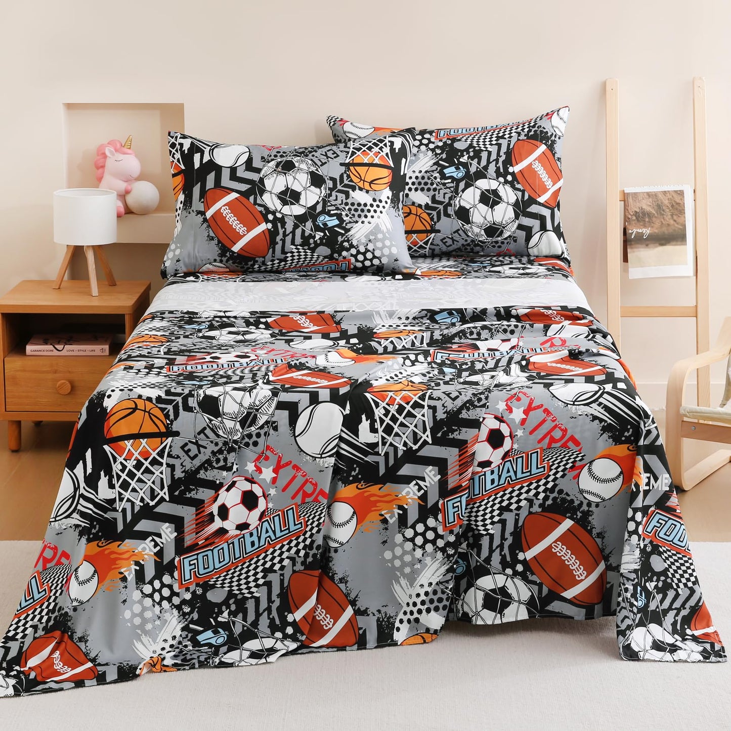 Yibeizi Grey Sports Sheet Set for Boys Twin, Kids Football Basketball Baseball Print Bedsheets Microfiber Deep Pocket Cute Patterned Bed Sheet & Pillowcase Sets 3 Pieces