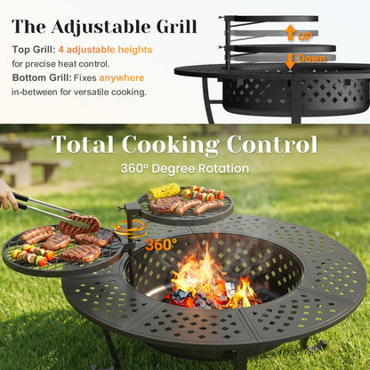 Outdoor Fire Pit, 48" Fire Pit for Outside Wood Burning with Adjustable 2 Grills, Firepit with Lid and Fire Poker, BBQ, Bonfire, Round Outdoor Fireplace 3 in 1 for Patio, Backyard, Garden, Camping