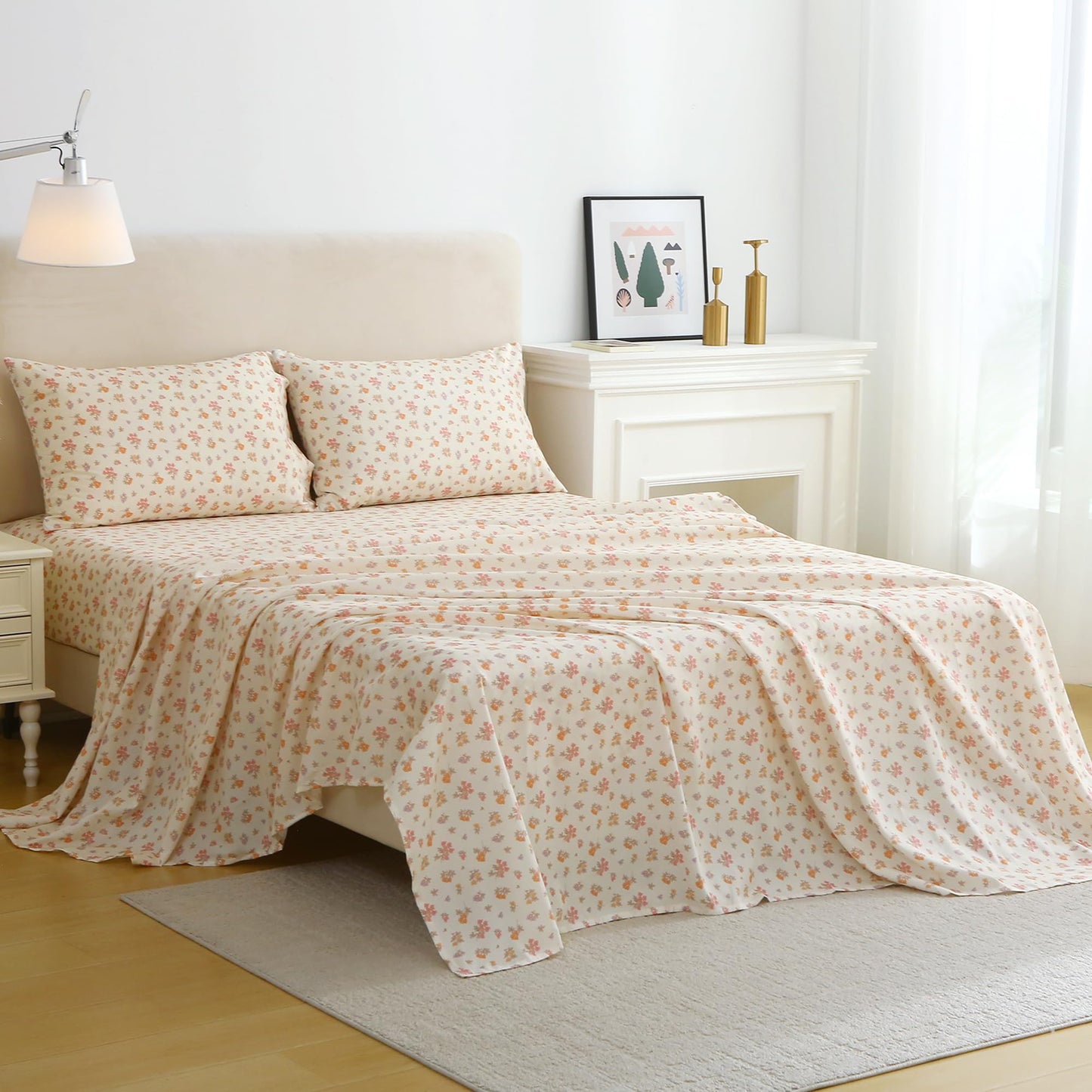 Viviland Floral Queen Sheet Set - 4 Piece Vintage Lavender Flower and Leaves Patterned Bed Sheets - Soft, Breathable Microfiber Sheets with Deep Pocket, Non-Slip Fitted Sheets & Pillowcases