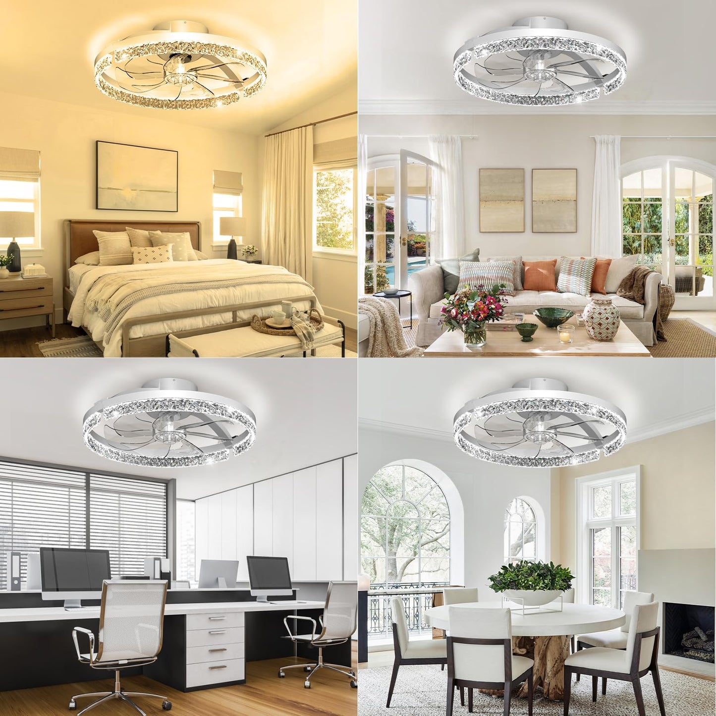 AIKVSXER Ceiling Fans with Lights and Remote, 20'' Low Profile Ceiling Fan with APP Control, 3000K-6500K Dimmable, Quiet Reversible DC, Modern Flush Mount Fandelier for Bedroom (White-Crystal)
