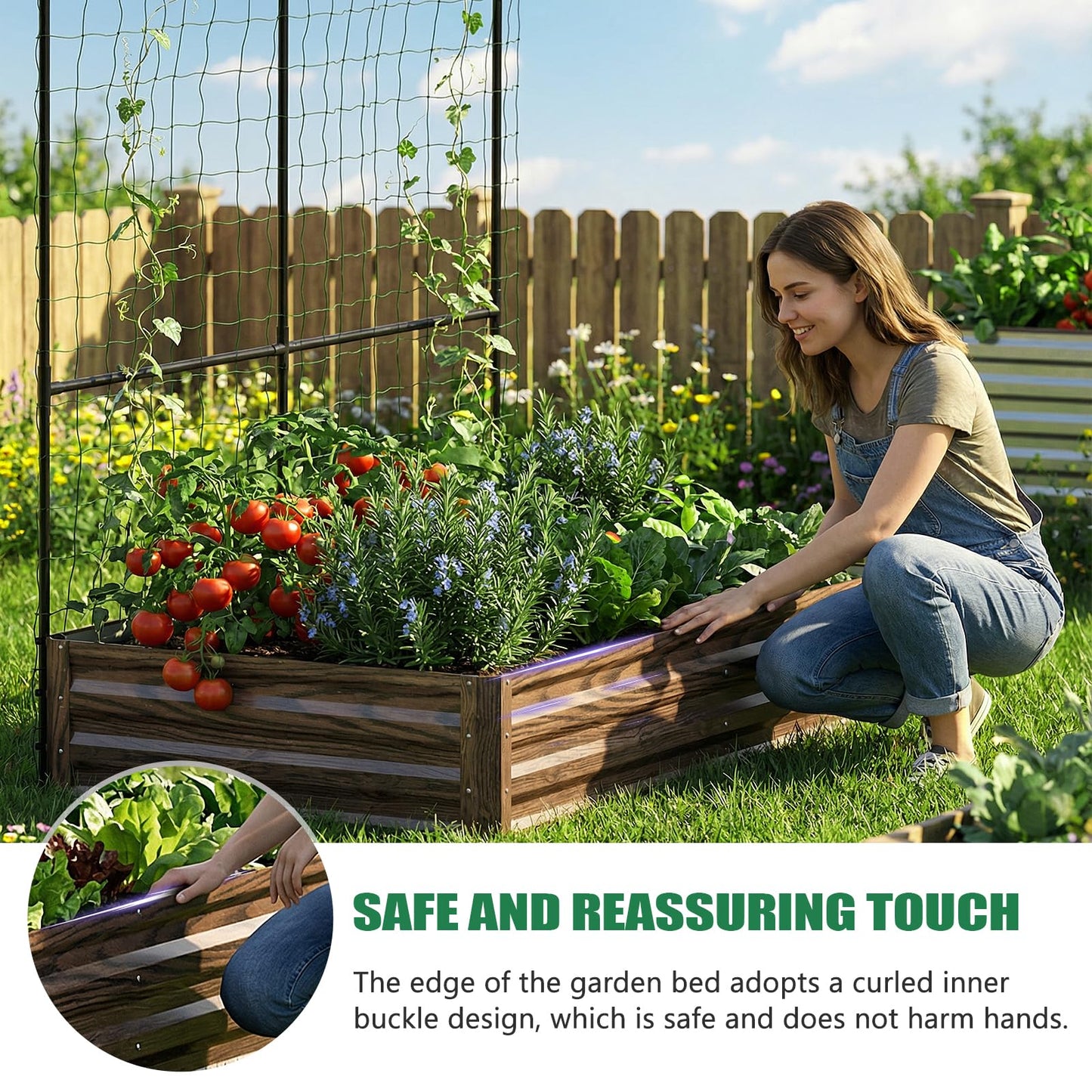 SUNYRISY Galvanized Raised Garden Bed with 87" H Arch Trellis for Climbing Plants Outdoor, Large Metal Planter Box with Netting for Gardening Flowers Vegetables Fruit, Wood Grain