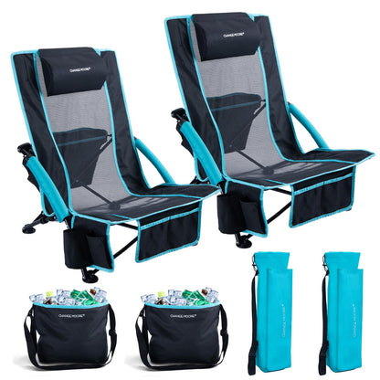 CHANGE MOORE Low Beach Chair with 2-in-1 Cooler Bag, Support up to 300lbs Folding Beach Chairs for Adults 2 Pack with Cup Holder, Removable Pillow & Carry Bag for Outdoor Sand Lawn Picnic Travel Blue