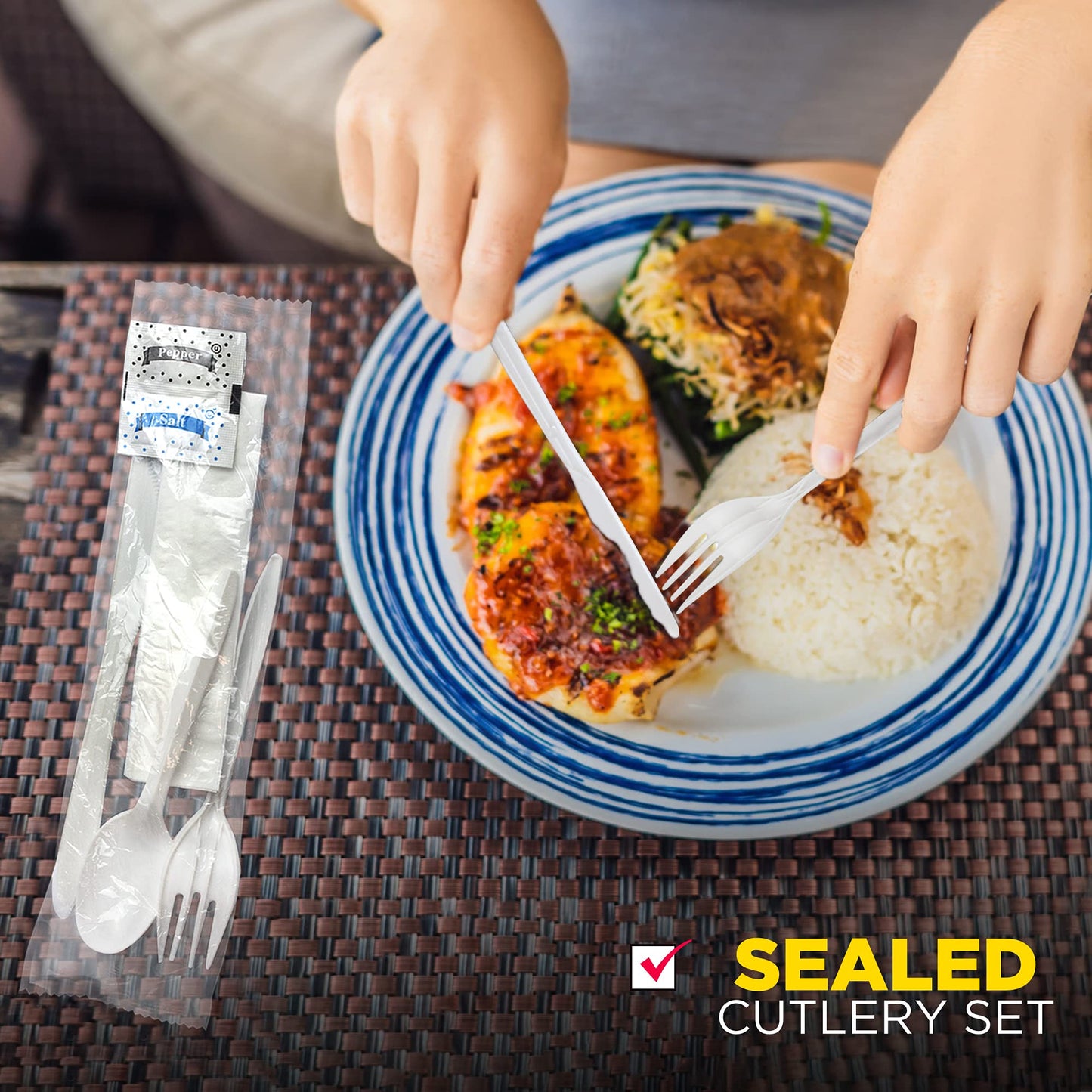 Fit Meal Prep 75 Pack Individually Wrapped Utensils - Prepackaged White Plastic Cutlery Set with Disposable Spoon, Fork, Knife, Napkin, Salt and Pepper Packets - Prewrapped to Go Silverware Utensil