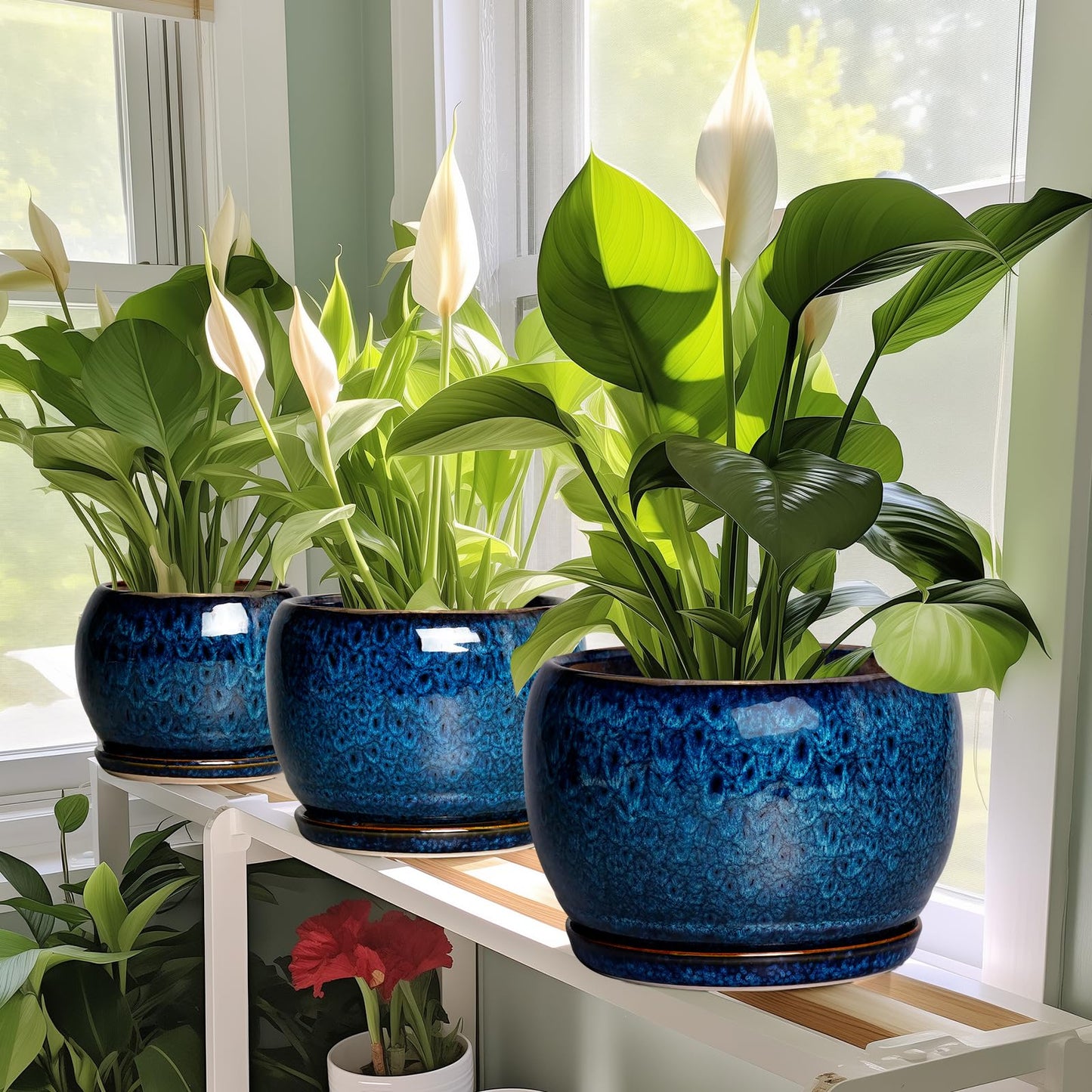 SQOWL 10 Inch Plant Pot - Ceramic Planter Pot with Drainage Hole and Saucer, Decorative Plant Pot for Indoor Outdoor Plants, Round Large Planter Flower Pot, Blue