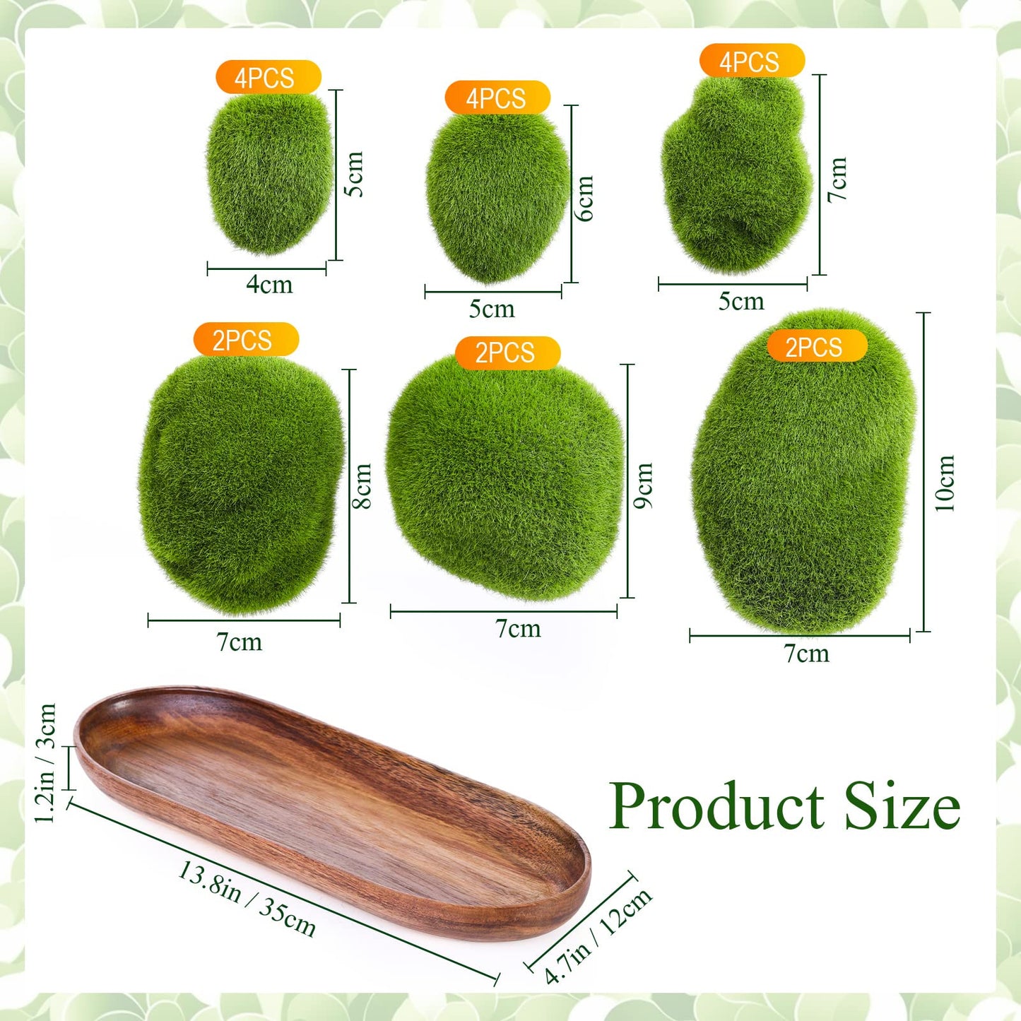 Kathfly 18 Pcs 6 Sizes Artificial Moss Rocks with Oval Wood Tray 13.8'' x 4.7'' x 1.2'', Small Green Moss Balls Decorative Fake Moss Decor Serving Trays Platters Wooden Plate for Garden Kitchen Decor