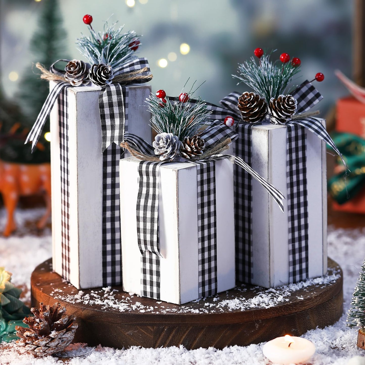 Amyhill 3 Pcs Christmas Wooden Gifts Box Decor Christmas Plaid Presents Table Centerpieces Rustic Wooden Gifts Tiered Tray Decor with Buffalo Plaid Bowknot for Xmas Party (White,Fashion)