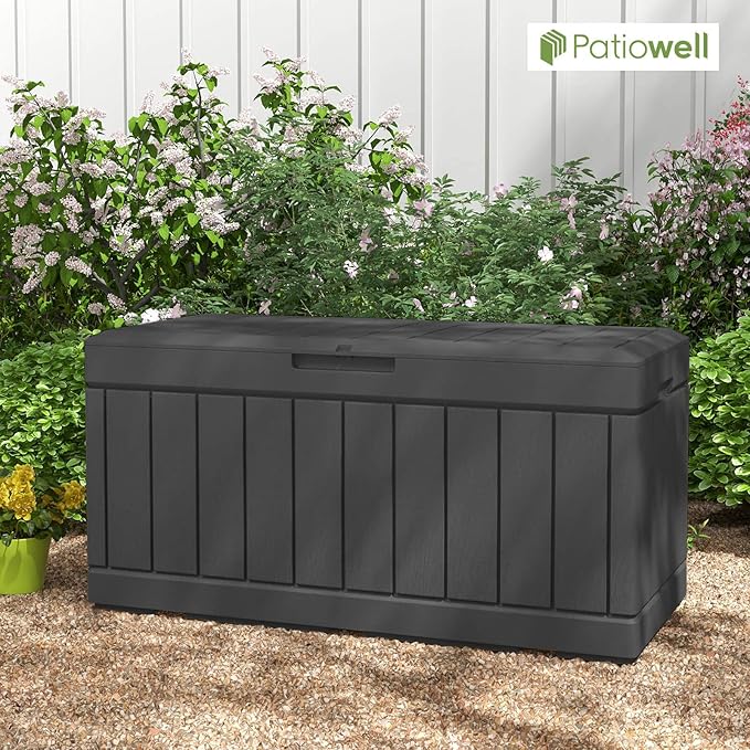 Patiowell 82 Gallon Resin Deck Box, Waterproof Large Wood Look Storage Box for Patio Furniture, Pool Accessories, Garden Tools and Sports Equipment, Lockable, Black