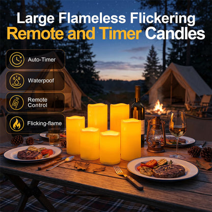 5plots 4"×10" Large Outdoor Waterproof Flameless Candles Ivory White with Timer & Remote, Battery Operated LED Flickering Pillar Candles for Patio Porch Halloween Christmas Lantern, Set of 2