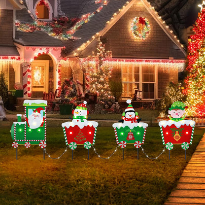 WONDER GARDEN Christmas Metal Yard Stakes, Lighted 4 Pack Christmas Garden Stakes Yard Signs, Outdoor Decorations Train with Santa, Snowman, Penguin, Boy for Lawn Party Outside